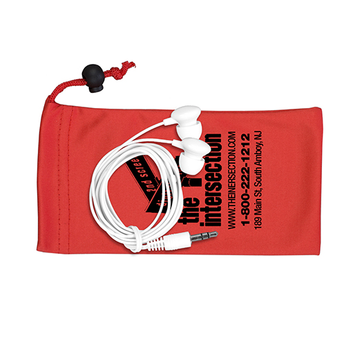 “TUNEBOOM” Mobile Tech Earbud Kit in Microfiber Cinch Pack Components inserted into Microfiber Kit