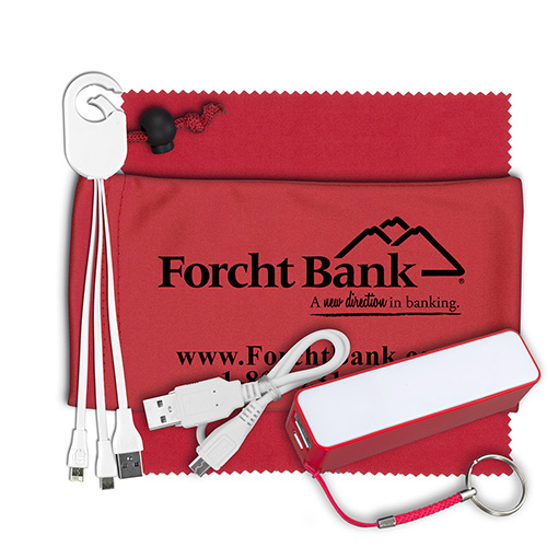 "CHARGEBANK" Mobile Tech Power Bank Accessory Kit with Charging Cables and Microfiber Cloth in Microfiber Cinch Pack Components inserted into Microfiber Kit