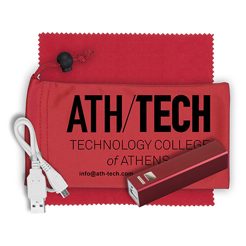 "DAYSAVER" Mobile Tech Metal Power Bank Kit in Microfiber Cinch Pack Components inserted into Microfiber Kit