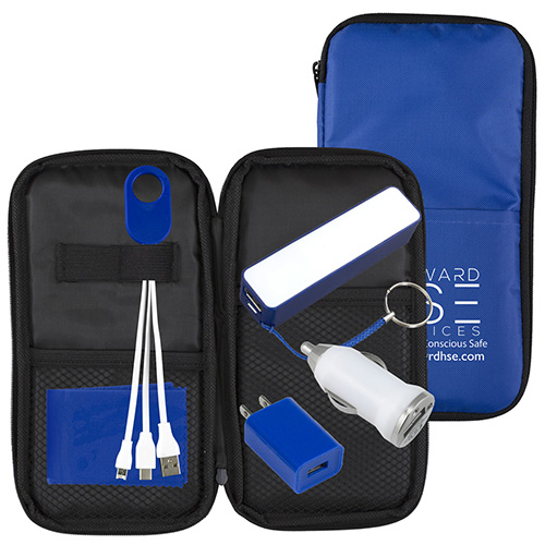 “TravPouch Plus” Travel Kit includes Tech Components as listed below and as shown inserted into Polyester Zipper Pouch