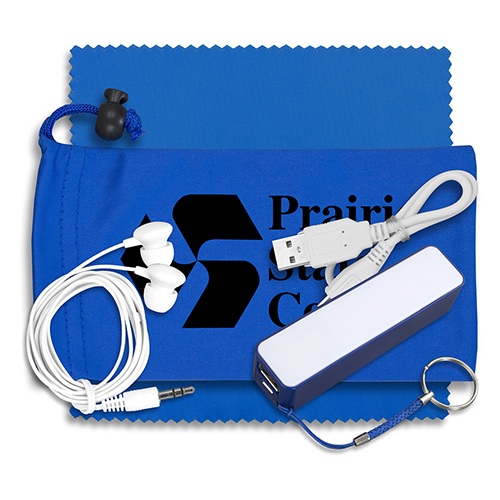 "TECHBANK PLUS" Mobile Tech Power Bank Accessory Kit with Earbuds in Microfiber Cinch Pouch