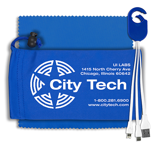 "RECHARGE PACK" Mobile Tech Charging Cable Kit in Microfiber Cinch Pack Components inserted into Microfiber Kit