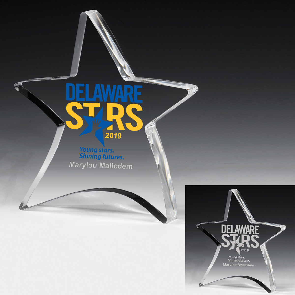 2053S (Screen Print), 2053L (Laser Engraved) - 3/4” Moving Star Acrylic Paperweight