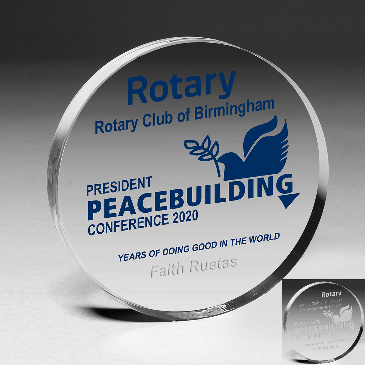 2055S (Screen Print), 2055L (Laser Engraved) - Round Acrylic Paperweight - 4” dia x 3/4”