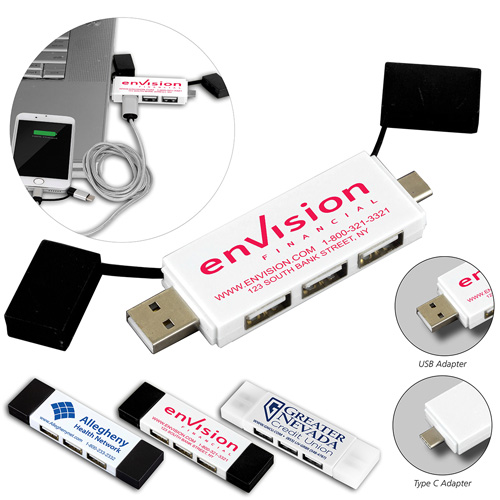 "FREEDOM" 2-in-1 3 Port Mini USB Hub with Type A & Type C Adapter