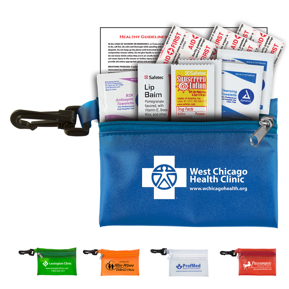 "LYON" 10 Piece First Aid Sun Kit in Translucent Zipper Pouch with Carabiner