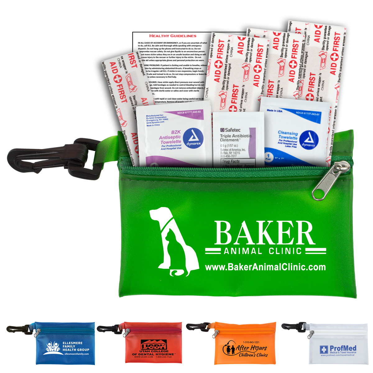 "PARKWAY PLUS" 8 Piece First Aid Kit in Translucent Zipper Pouch with Carabiner