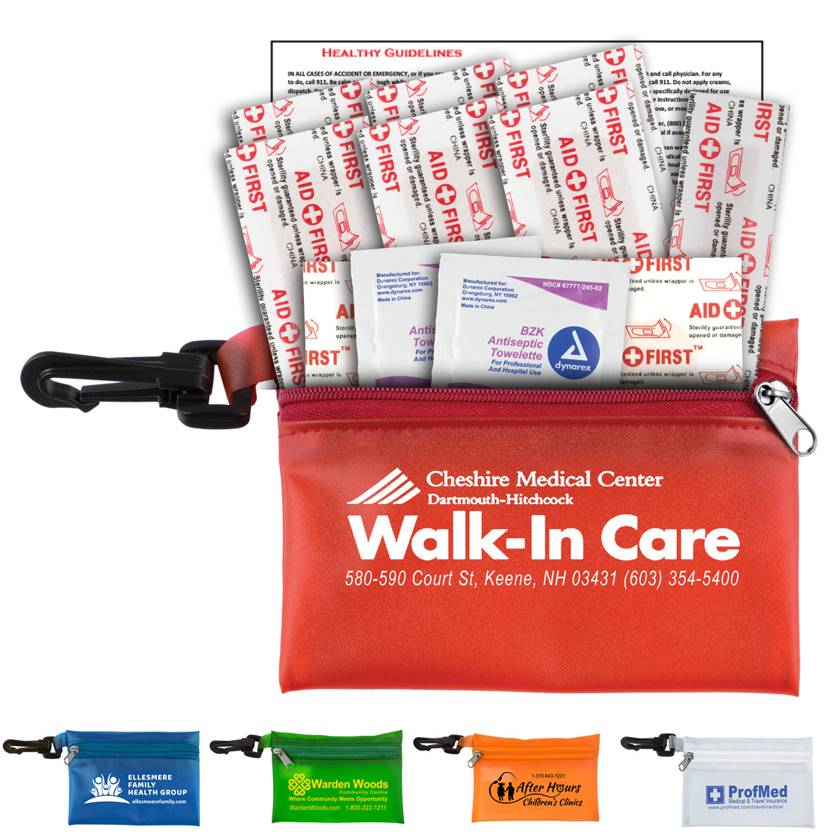 "TROUTDALE" 13 Piece First Aid Kit inTranslucent Zipper Kit with Plastic Carabiner Attachment