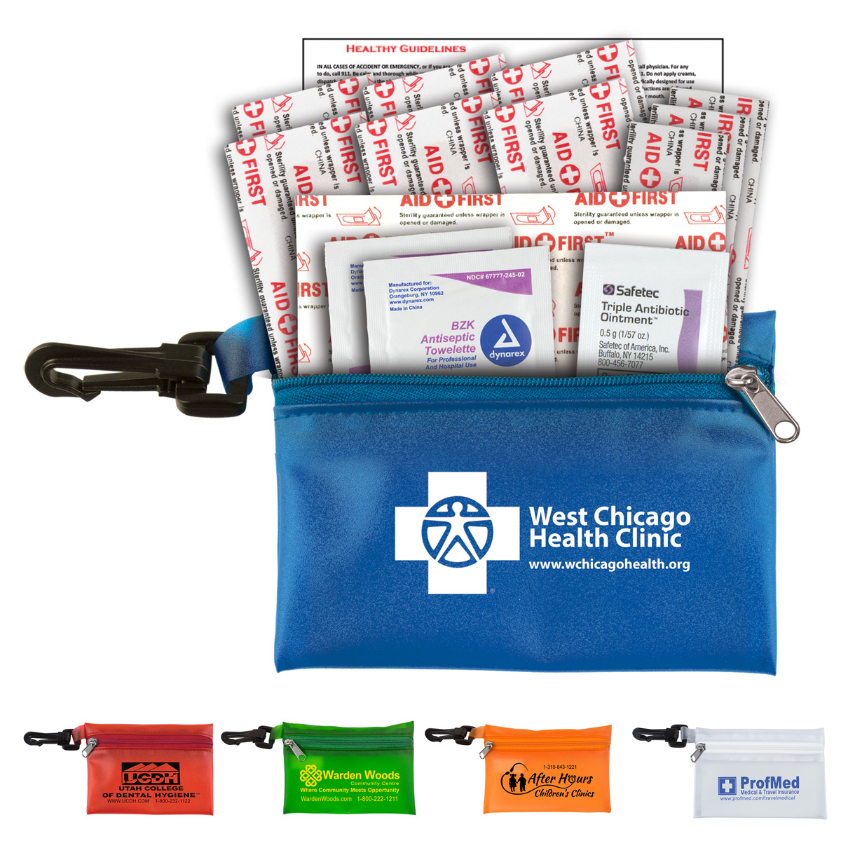 "TROUTDALE PLUS" 14 Piece First Aid Kit in Translucent Zipper Pouch with Carabiner