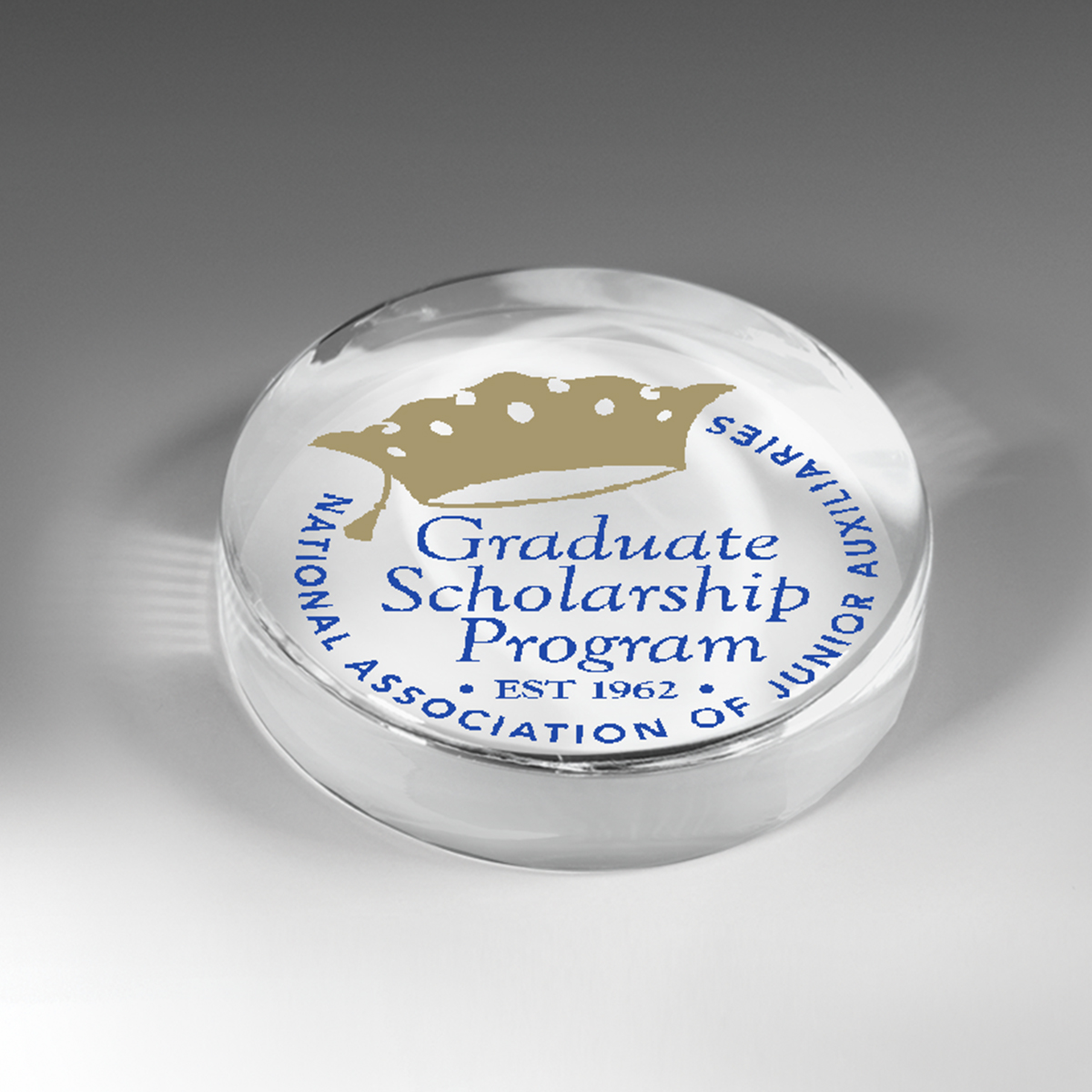 8508S (Screen Print), 8508P (Full Color)-Prestige Round Glass Paperweight Award  - 2 7/8” L x 2 7/8” W x 3/4”H