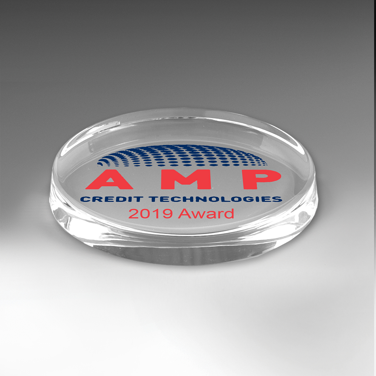 8518S (Screen Print), 8518P (4Color Process) - Glass Oval Paperweight Award - 3” x 5” x 3/4”