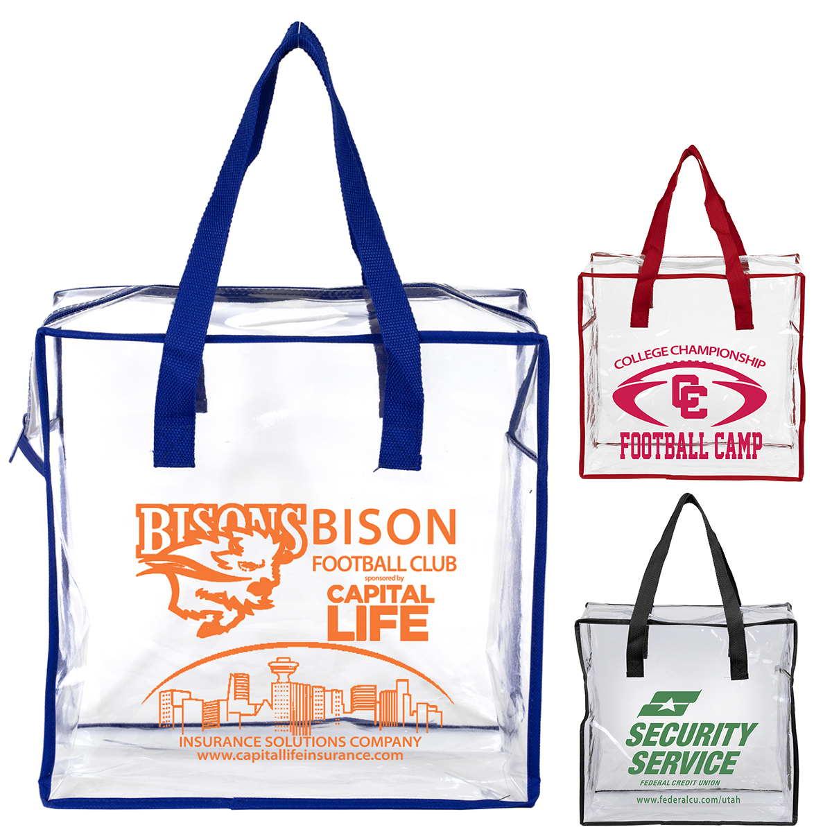 "ARETE" 12" W x 12" H x 6" Clear Vinyl Stadium Compliant Tote Bag  with Zipper