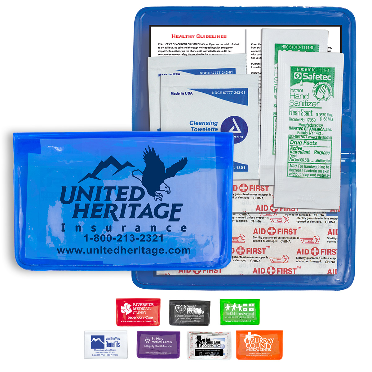 "MESS-NO-MORE L" 9 Piece Stay Clean First Aid Kit in Colorful Vinyl Pouch