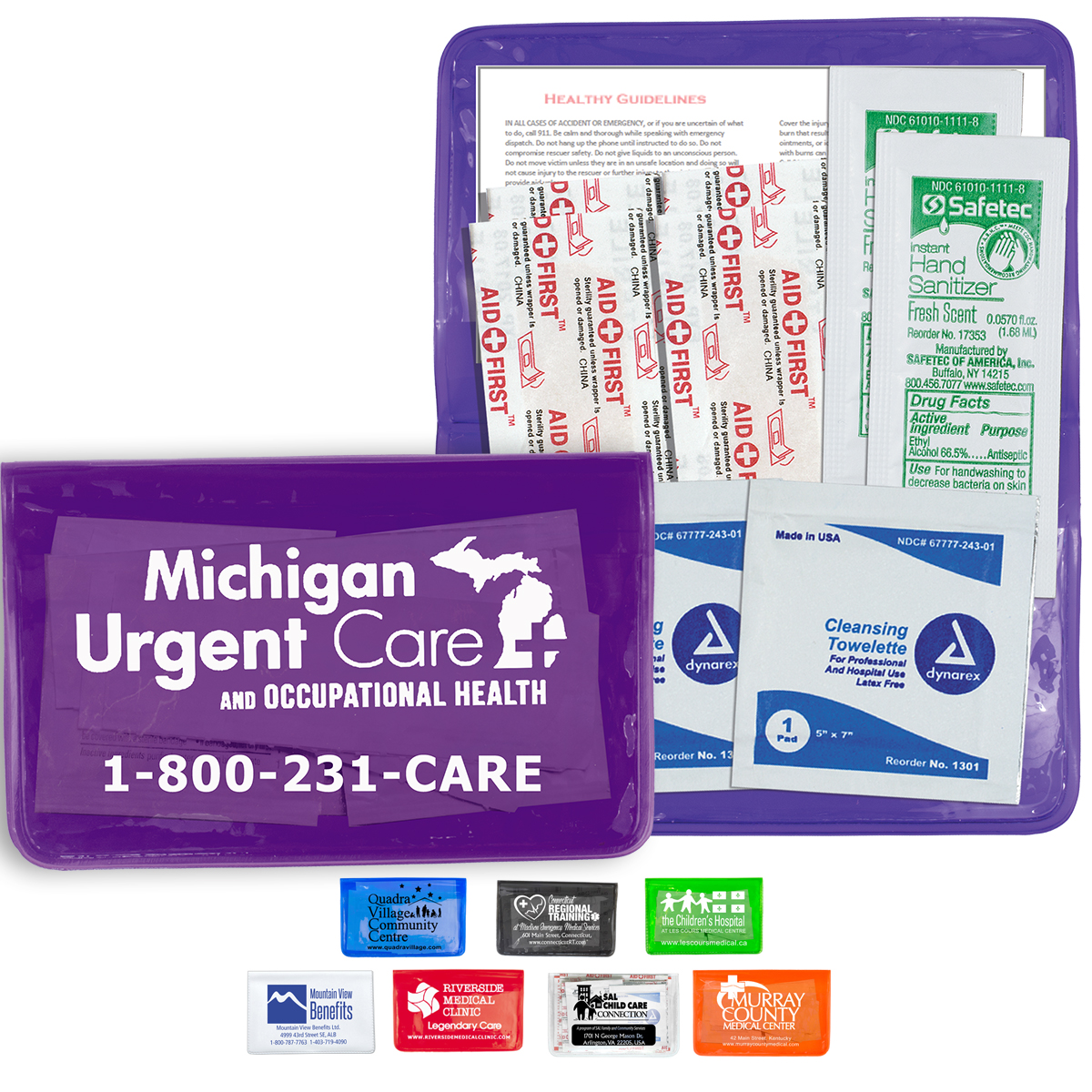 "MESS-NO-MORE XL" 10 Piece Stay Clean First Aid Kit in Colorful Vinyl Pouch