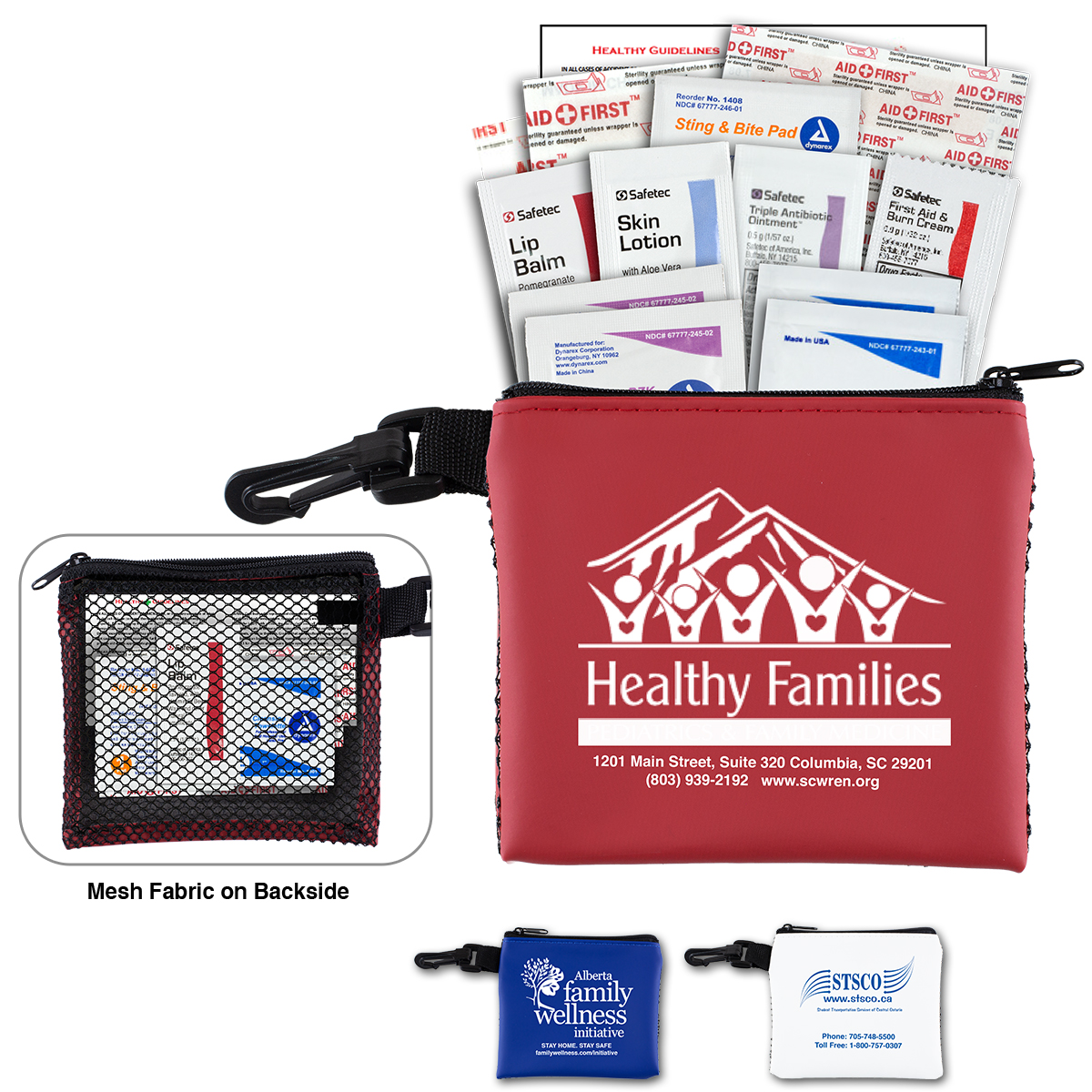 "TEAM MOM" 21 Piece All Purpose First Aid Kit in Zipper Mesh Pouch with Carabiner Hook