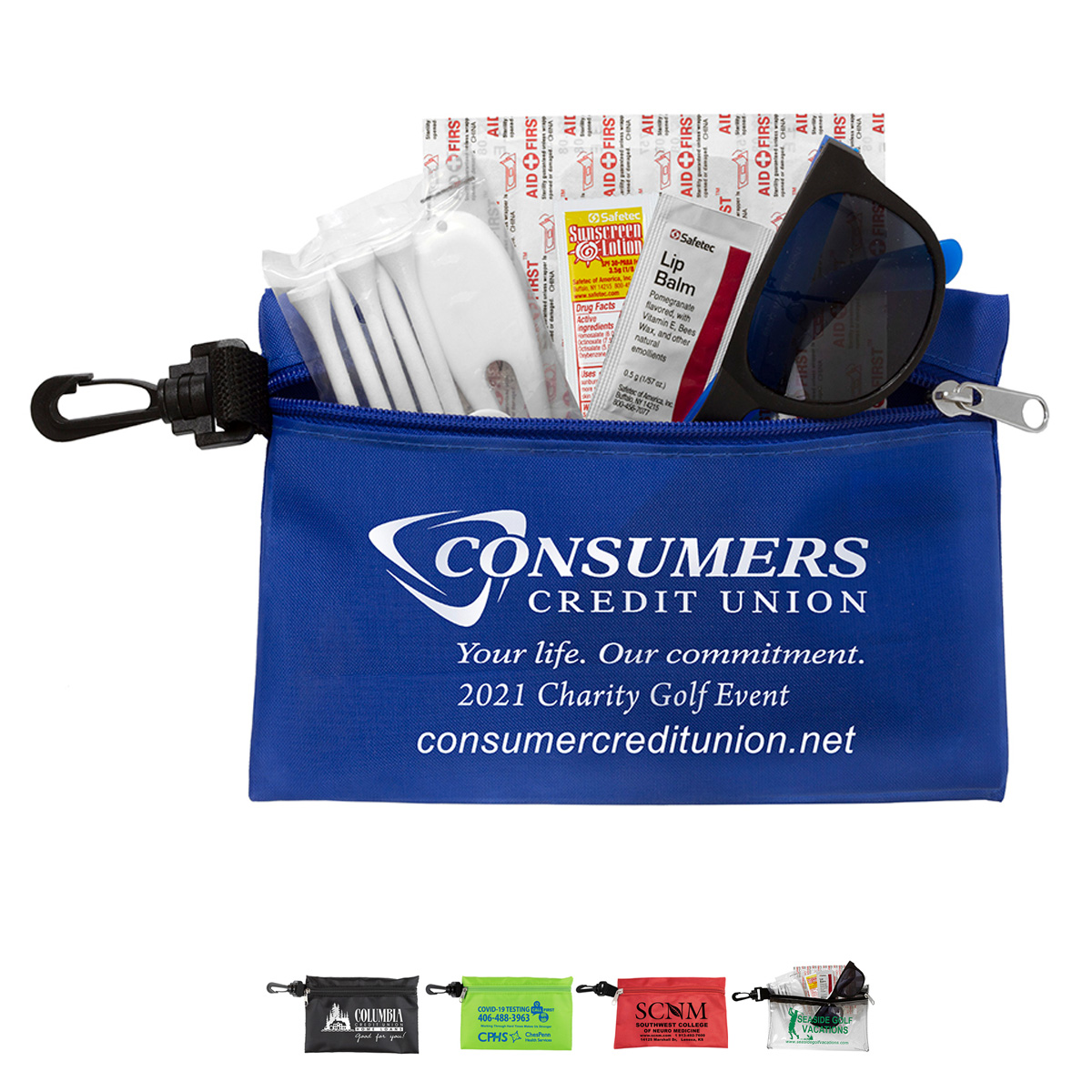 "CHIP" 14 Piece Golf Kit in Supersized Zipper Pack Components inserted into Zipper kit with Plastic Carabiner Attachment