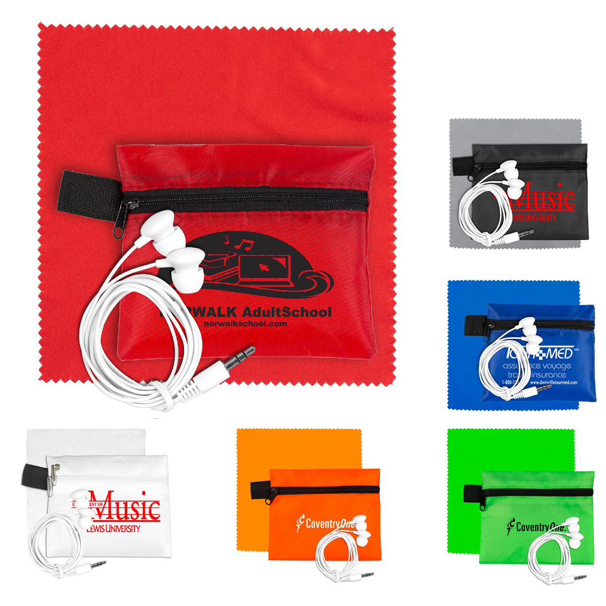 "ZIPTUNE PLUS" Mobile Tech Earbud Kit with Microfiber Cleaning Cloth In Zipper Pack Components inserted into Polyester zipper Kit