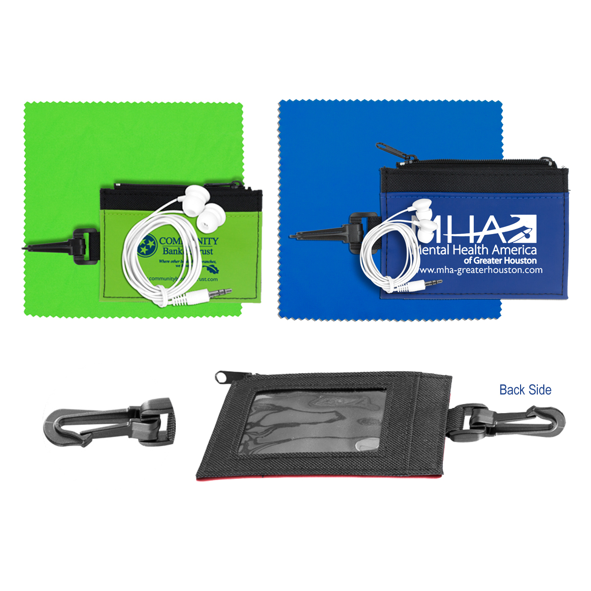 "LIXINGTON" Mobile Tech Earbud Kit with Microfiber Cloth in Travel ID Wallet with Carabiner