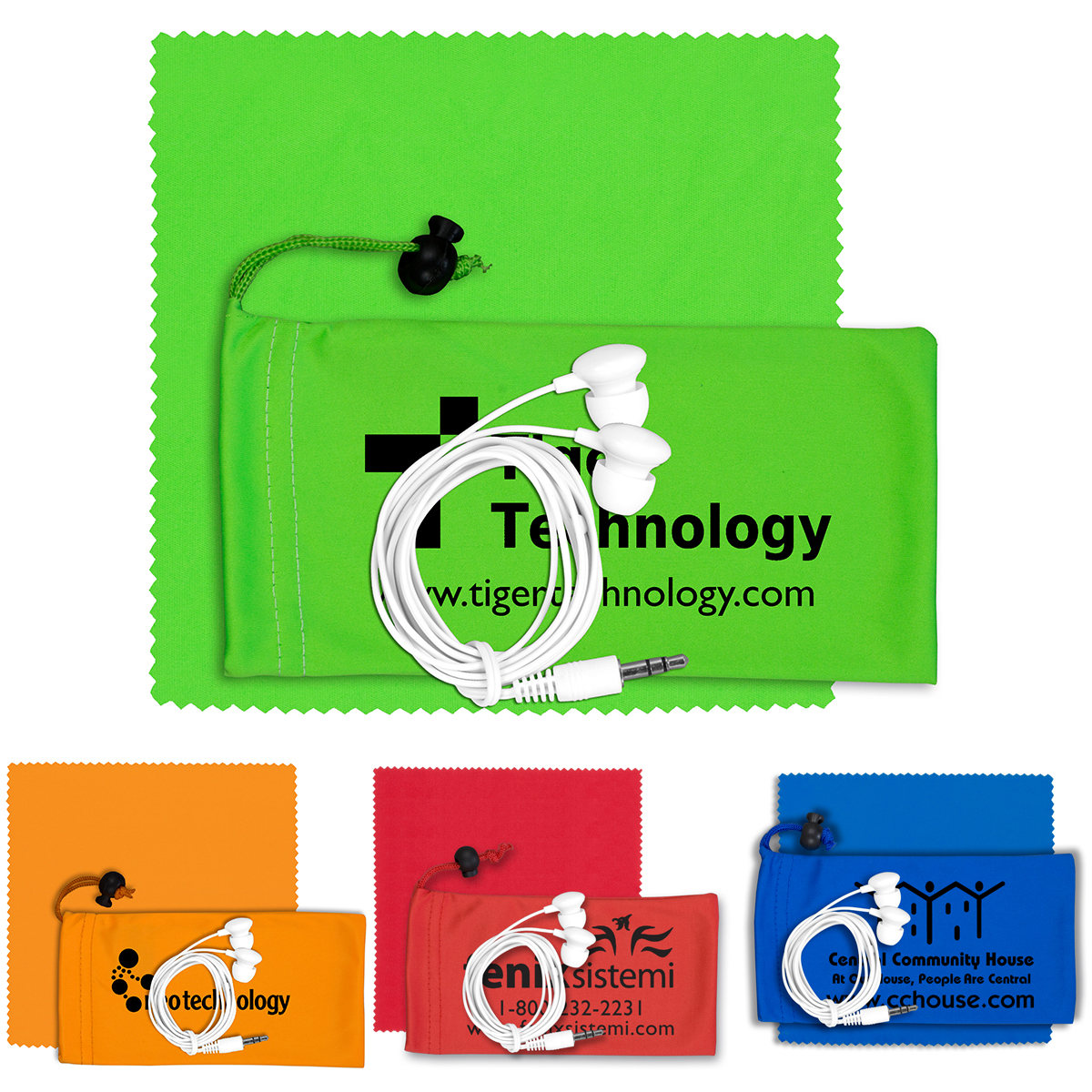"TUNEBOOM PLUS" Mobile Tech Earbud Kit with Microfiber Cloth in Microfiber Cinch Pack Components inserted into Microfiber Kit