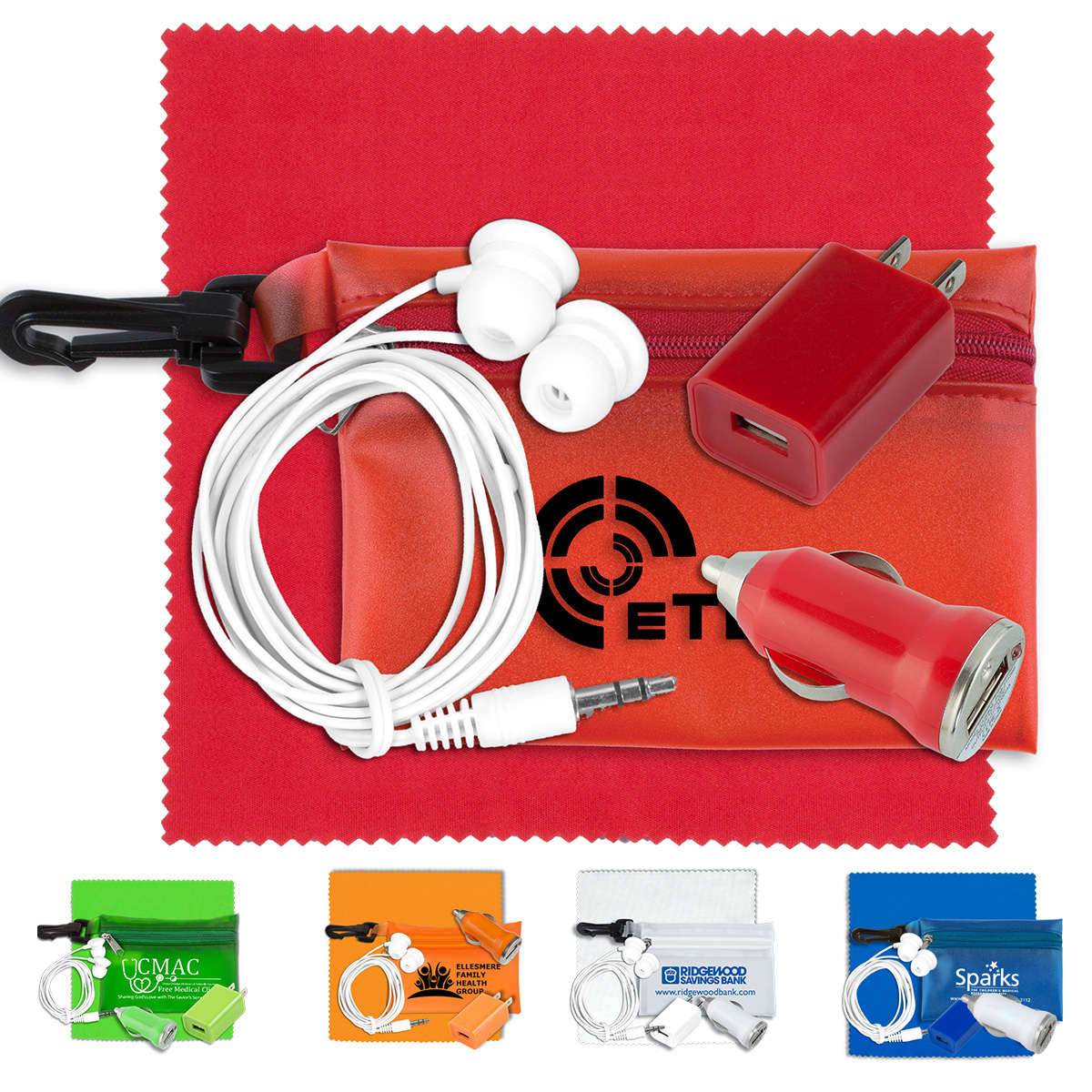 "TONS-O-TUNES" Mobile Tech Auto and Home Accessory Kit in Translucent Carabiner Zipper Pouch
