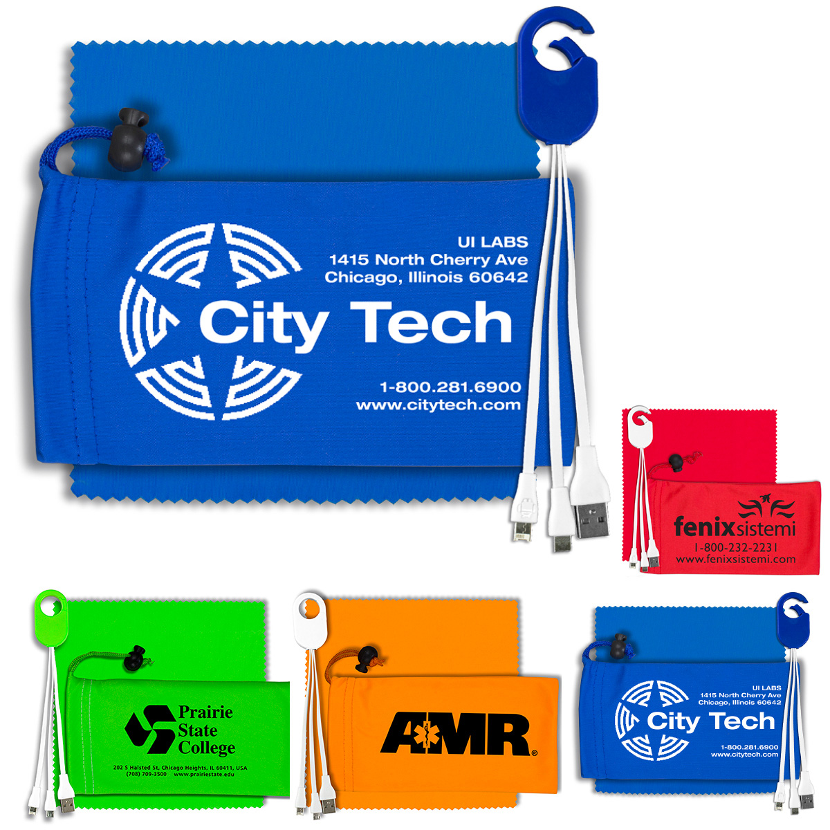 "RECHARGE PACK" Mobile Tech Charging Cable Kit in Microfiber Cinch Pack Components inserted into Microfiber Kit