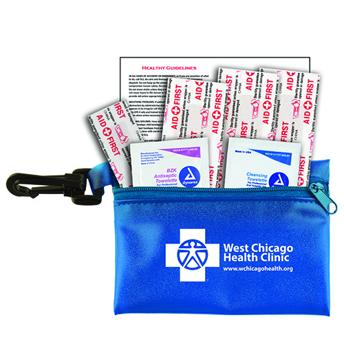 “Parkway” 7 Piece First Aid Kit  Components inserted into Translucent Zipper Pouch with Plastic Carabiner Attachment