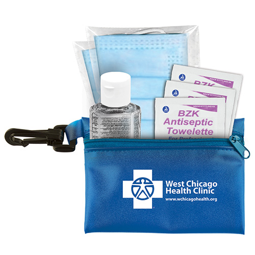 "EVERYTHING ESSENTIAL" Mask & Sanitizing Protection Pack in Translucent Zipper Kit With Plastic Hook Attachment