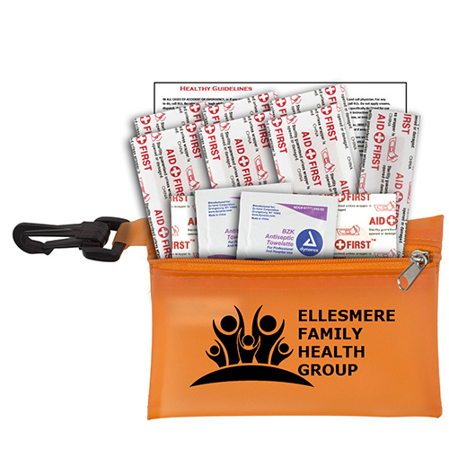 “Troutdale” 13 Piece First Aid Kit Components inserted into Translucent Zipper Pouch with Plastic Carabiner Attachment