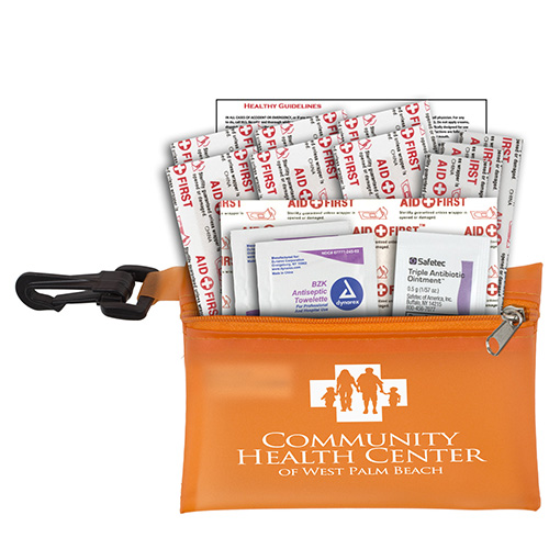 "TROUTDALE PLUS" 14 Piece Healthy Living Pack Components inserted into Translucent Zipper Kit with Plastic Carabiner Attachment