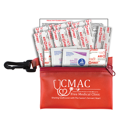 “Troutdale” 13 Piece First Aid Kit Components inserted into Translucent Zipper Pouch with Plastic Carabiner Attachment