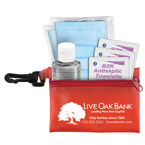 "Everything Essential" Mask & Sanitizing Protection Pack in Translucent Zipper Pouch With Plastic Hook Attachment