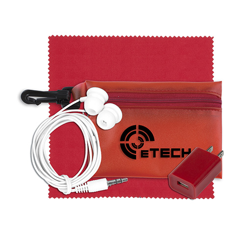 "TECHCLEAR" Mobile Tech Accessory Kit in Translucent Carabiner Zipper Pack Components inserted into Polyester Zipper Kit