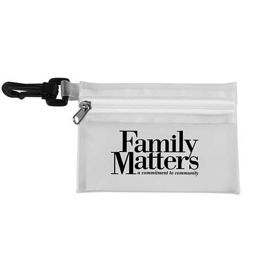 “Parkway” 7 Piece First Aid Kit  Components inserted into Translucent Zipper Pouch with Plastic Carabiner Attachment