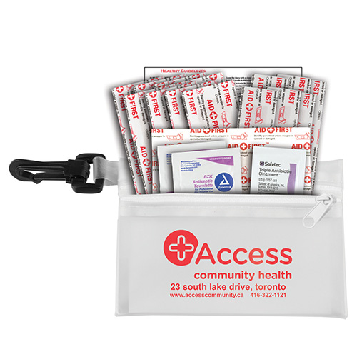 "MEDI" 19 Piece Healthy Living Pack Components inserted into Translucent Zipper Kit with Plastic Carabiner Attachment