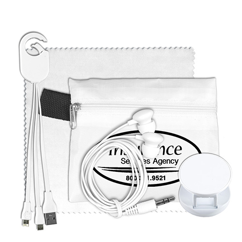 "CAR CHARGE LUX" Mobile Tech Car Accessory Kit with Charging Cables and Microfiber Cleaning Cloth Components inserted into Polyester Zipper Pouch