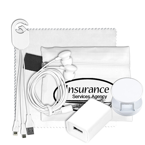 "CHARGEPACK LUX" Mobile Tech Home and Auto Charging Kit with Earbuds and Microfiber Cleaning Cloth in Polyester Zipper Pack Components inserted into Polyester Zipper Kit