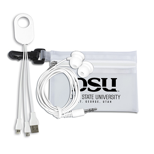 "CAMBELL" Mobile Tech Earbud and Charging Cables Kit In Translucent Carabiner Zipper Pouch
