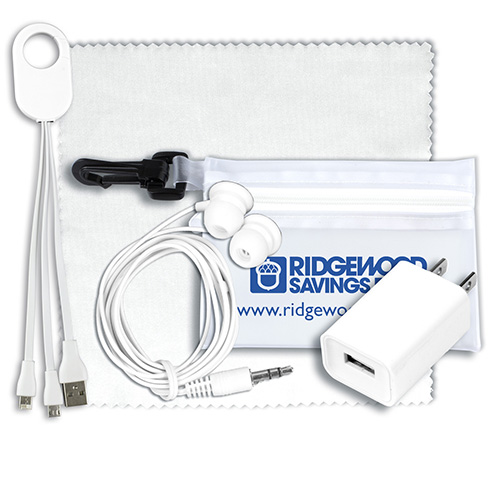 "MIRAMAR" Mobile Tech Earbud and Charging Kit in Translucent Carabiner Zipper kit