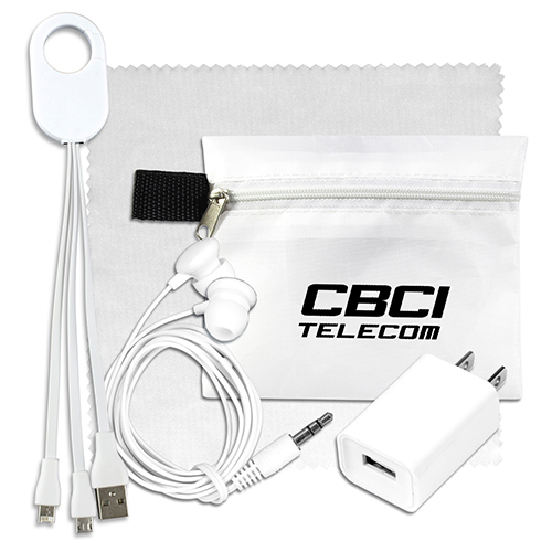 "TECHTIME PLUS" Mobile Tech Charging Kit with Earbuds, Charging Cable and Charger In Zipper Pack Components inserted into Polyester Zipper Kit
