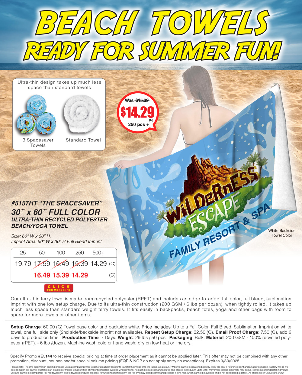 5157HT The SPACESAVER - 30 in x 60 in FULL COLOR ULTRA-THIN RECYCLED POLYESTER BEACH/YOGA TOWEL