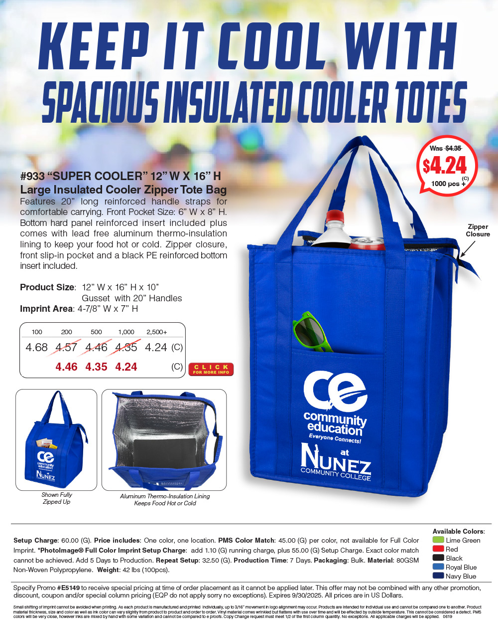 933 80GSM Non-Woven Large Zippered  Insulated -Super Cooler- Tote Bag