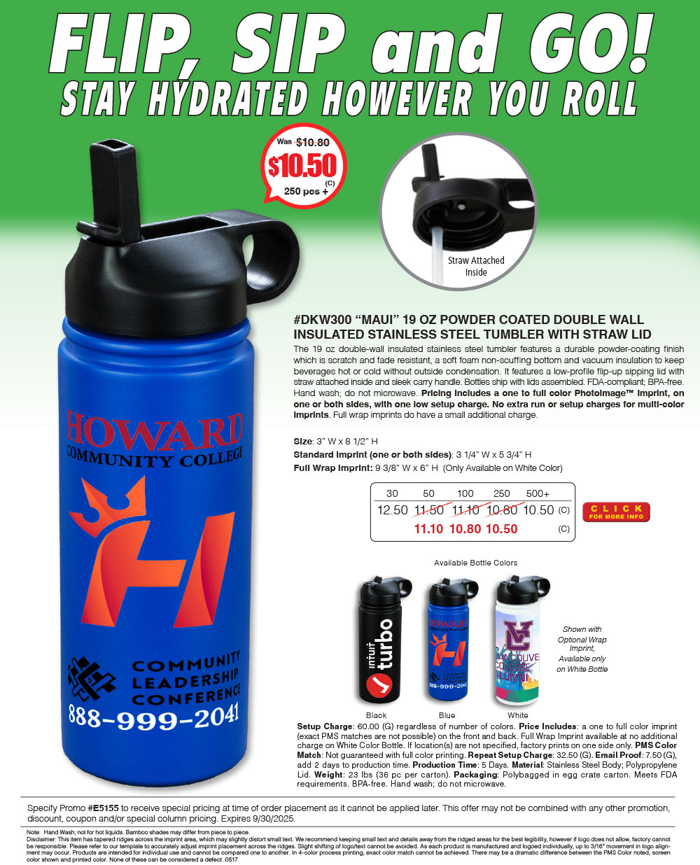 DKW300 Maui - 22 Oz Powder Coated Double Wall Insulated Stainless Steel Tumbler With Straw Lid
