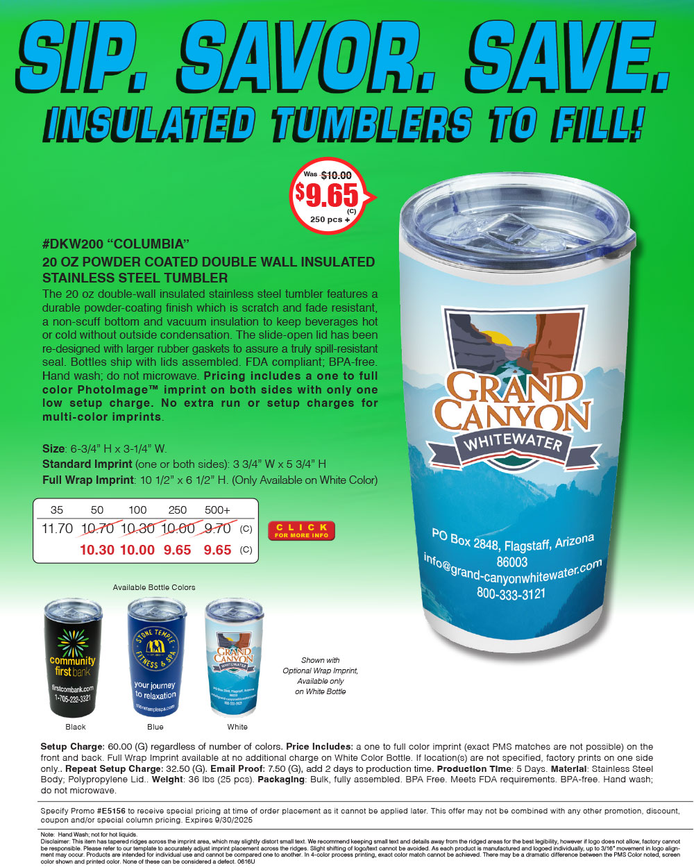 DKW200 Columbia - 20 Oz Powder Coated Double Wall Insulated Stainless Steel Tumbler