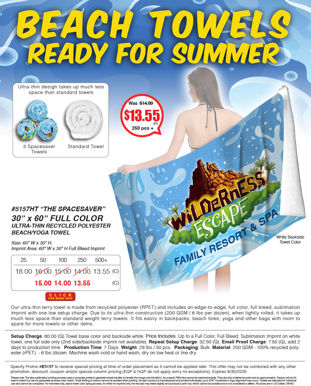 5157HT The SPACESAVER - 30 in x 60 in FULL COLOR ULTRA-THIN RECYCLED POLYESTER BEACH/YOGA TOWEL