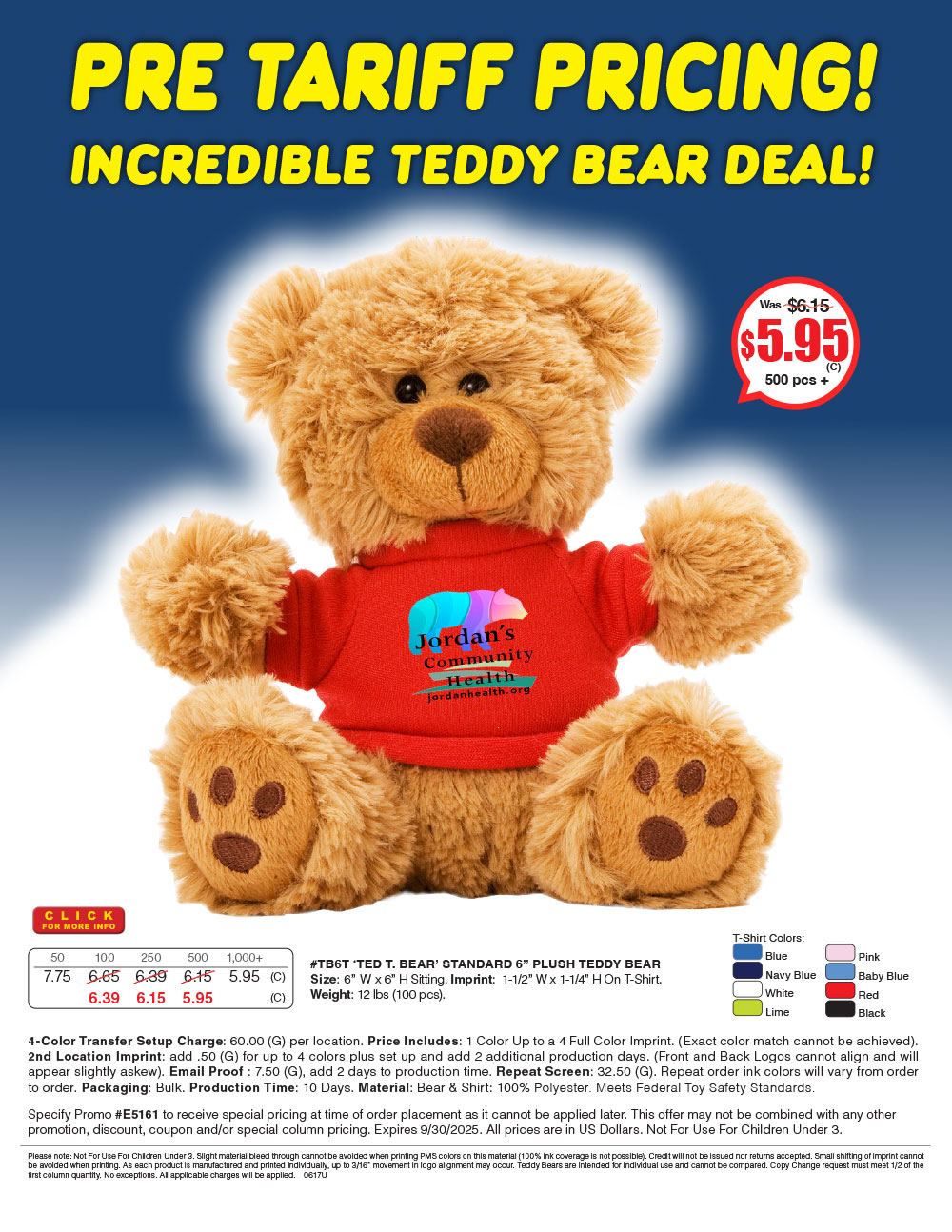 #TB6T  6in Plush Teddy Bear with Choice of T-Shirt Color