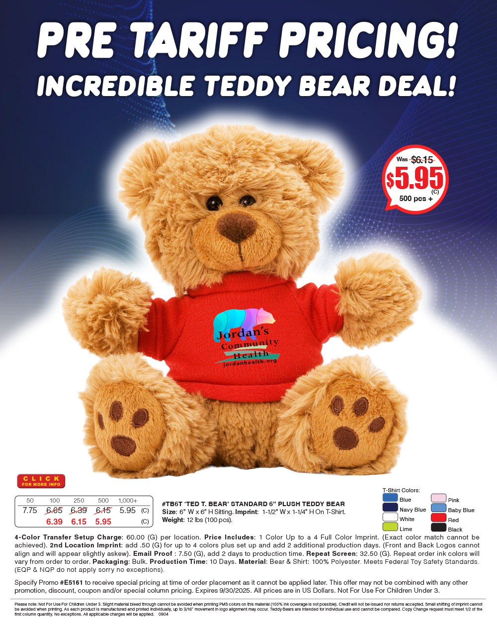 #TB6T  6in Plush Teddy Bear with Choice of T-Shirt Color