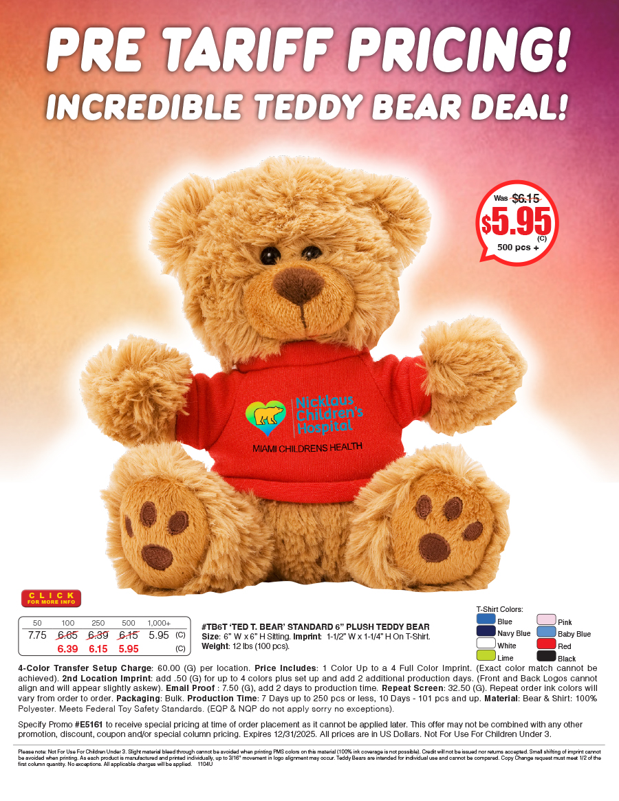 #TB6T  6in Plush Teddy Bear with Choice of T-Shirt Color