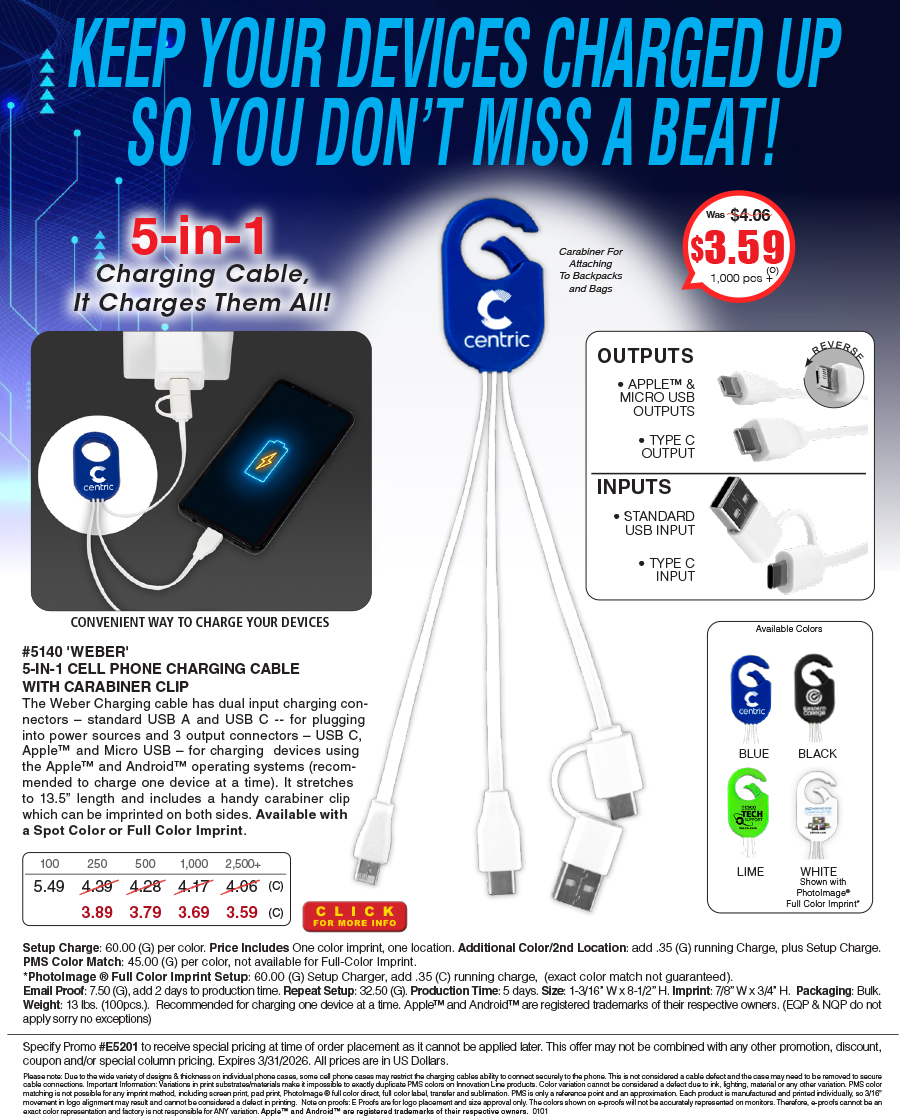 #5140 5-in-1 Cell Phone Charging Cable with Type C Adapter and Carabiner Type Spring Clip