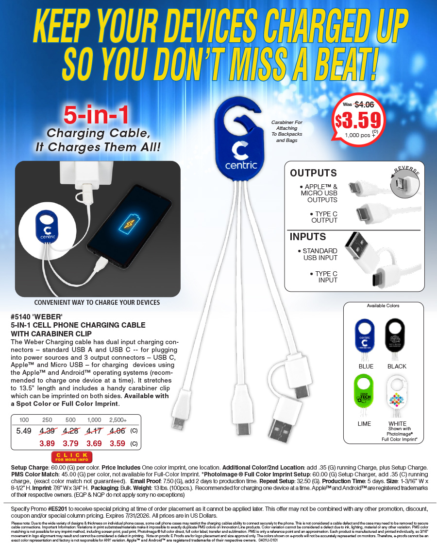 #5140 5-in-1 Cell Phone Charging Cable with Type C Adapter and Carabiner Type Spring Clip