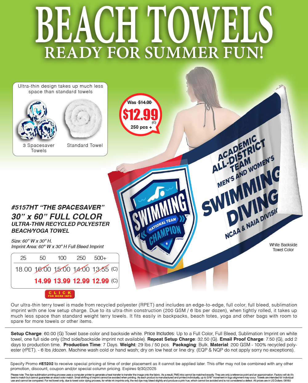 5157HT The SPACESAVER - 30 in x 60 in FULL COLOR ULTRA-THIN RECYCLED POLYESTER BEACH/YOGA TOWEL
